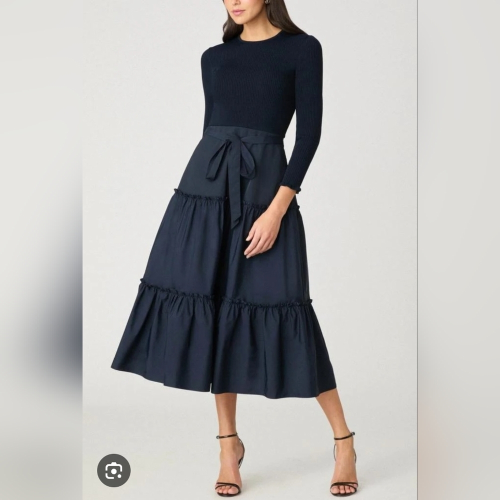 Shoshanna Navy Blue Magda Rib Knit and Taffeta Midi Tiered Dress Tie Waist